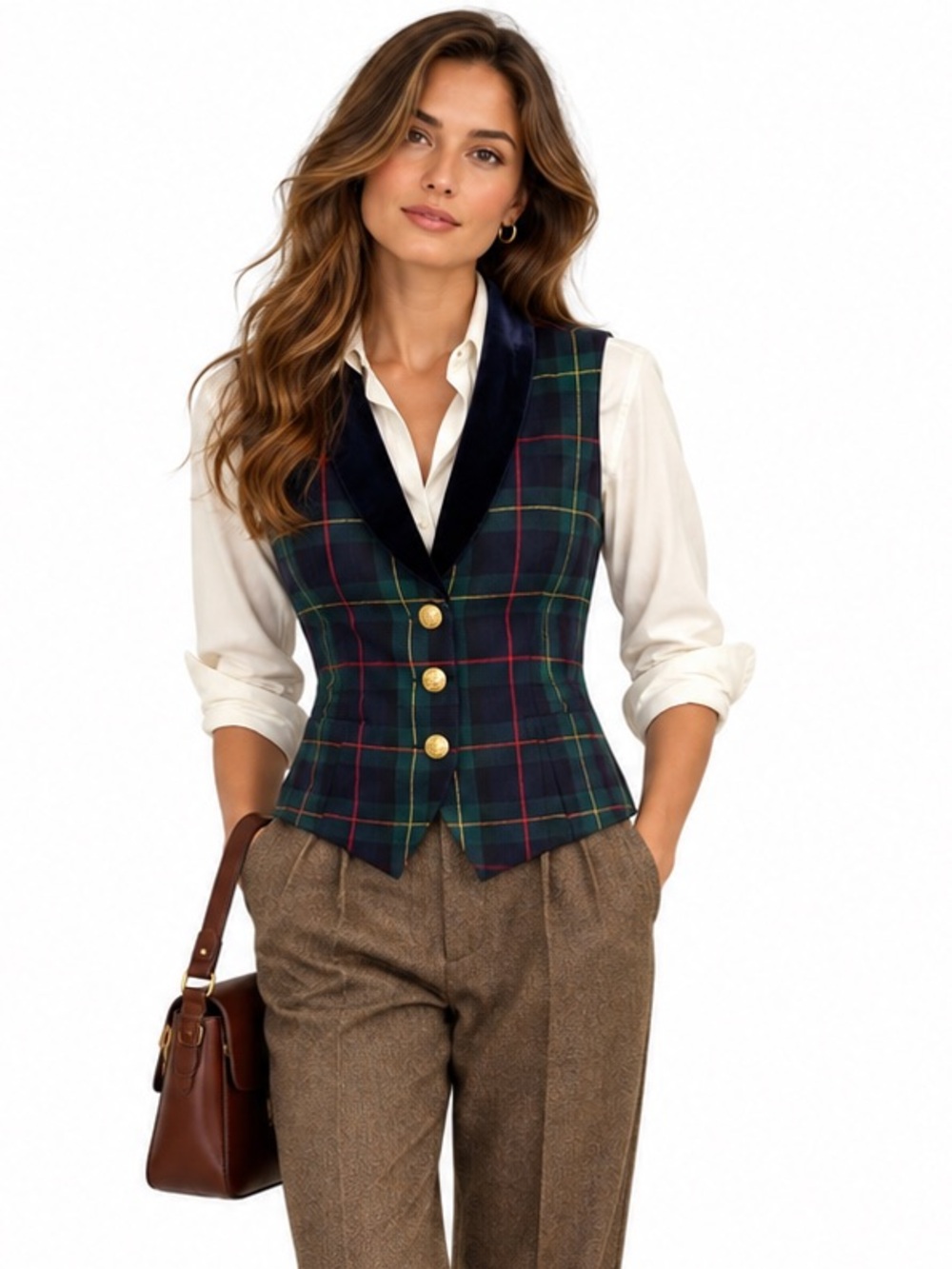 Vintage GEORGIOU Plaid Wool Vest Gold Crest Buttons Dark Academia Sz 4